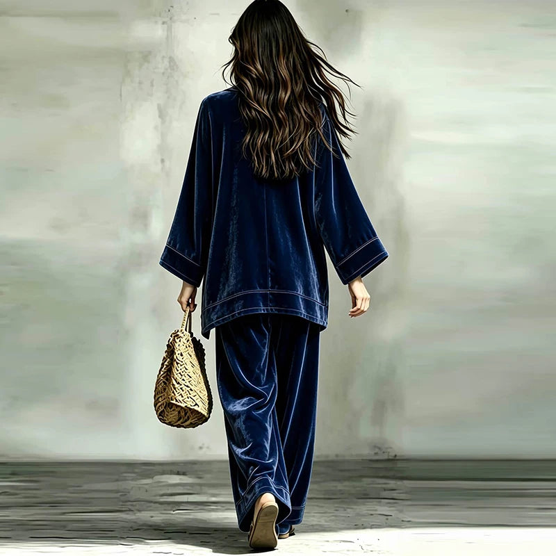 Flor Velvet V-neck Long Sleeved Two Piece Sets