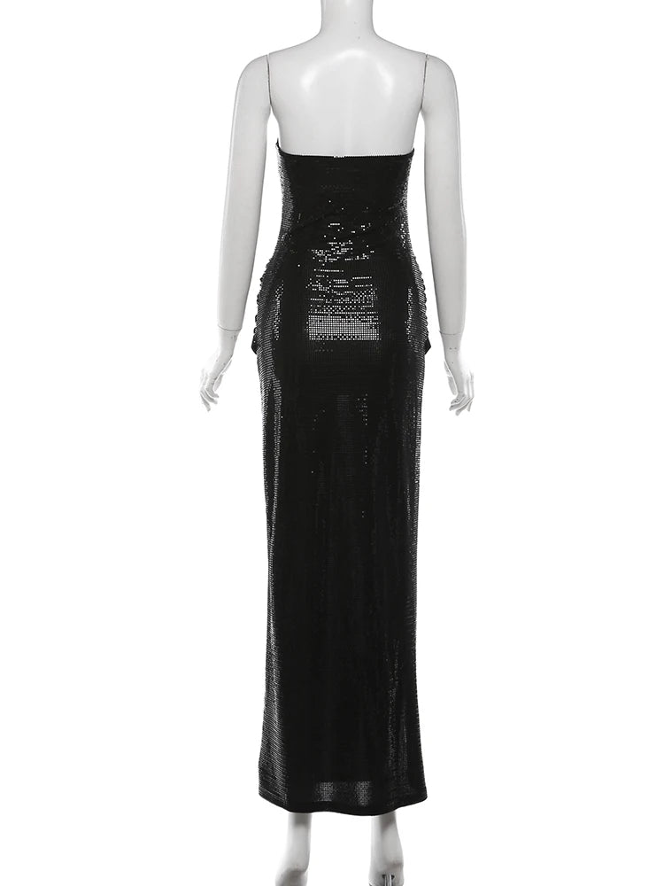 Irlanda Strapless Shiny Sequins Wrap Chest Backless Sleeveless Ruched High Splits Dress