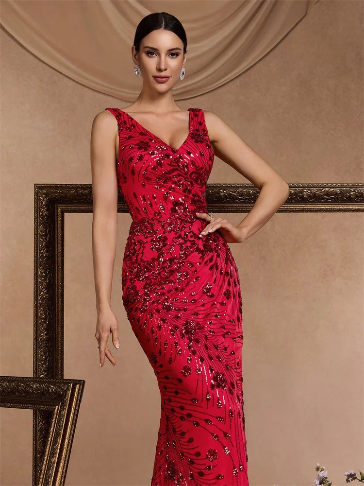 Praga Elegant Slit Evening Long Mermaid Formal Sequin Sexy V Neck Dress