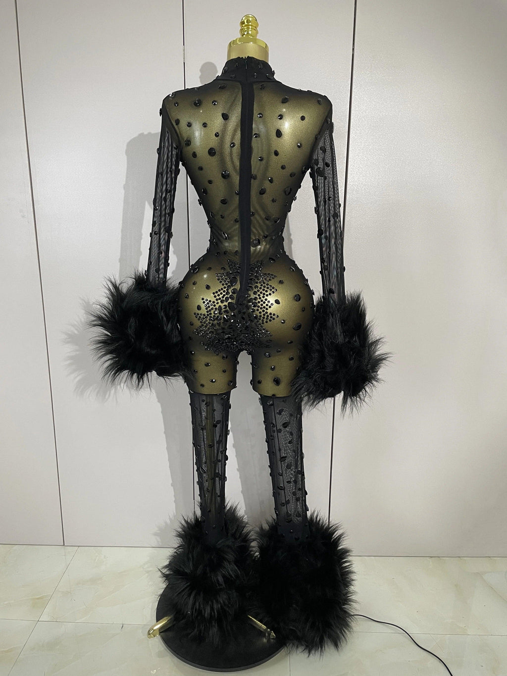 Binghamton Diamond Black Mesh Transparent Stretchy Long Sleeve Jumpsuit