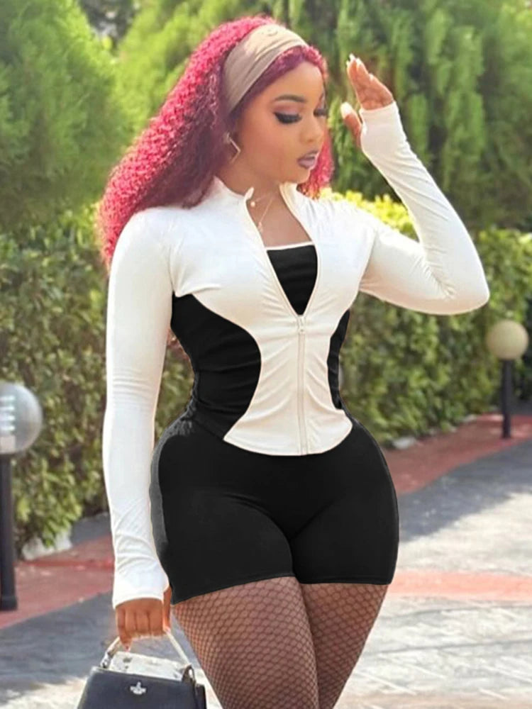 Ottawa Contrast Design Zip Full Sleeve Tide Daily Casual Sporty Fashion Outfits Set