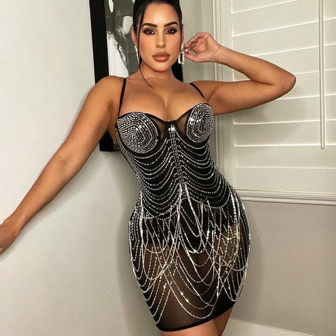 Franklin Township Rhinestone Fringe Glam Mesh Sequins Party Clubwear Mini Dress