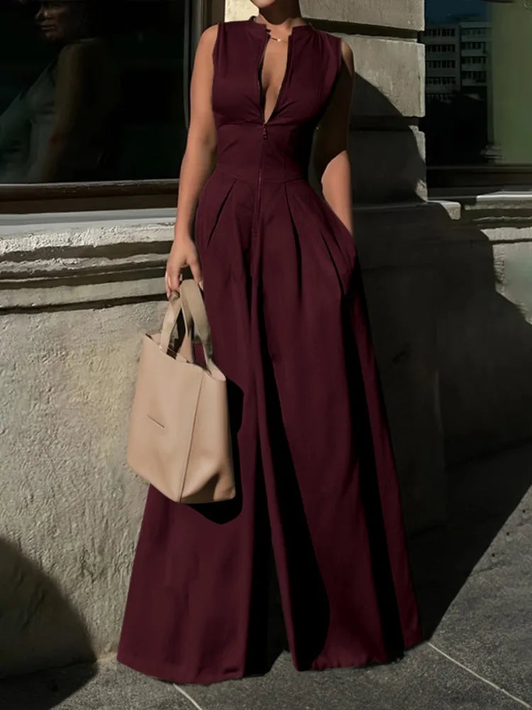 New Castle Solid Color V-Neck Zipper Loose Pockets High Waist Wide Leg Jumpsuit