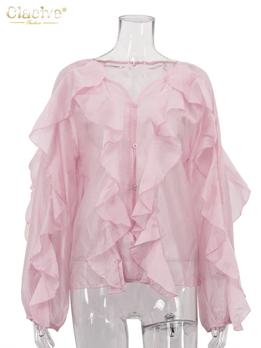 Slatington V-Neck Long Sleeve Elegant Classic Ruffle Solid Top