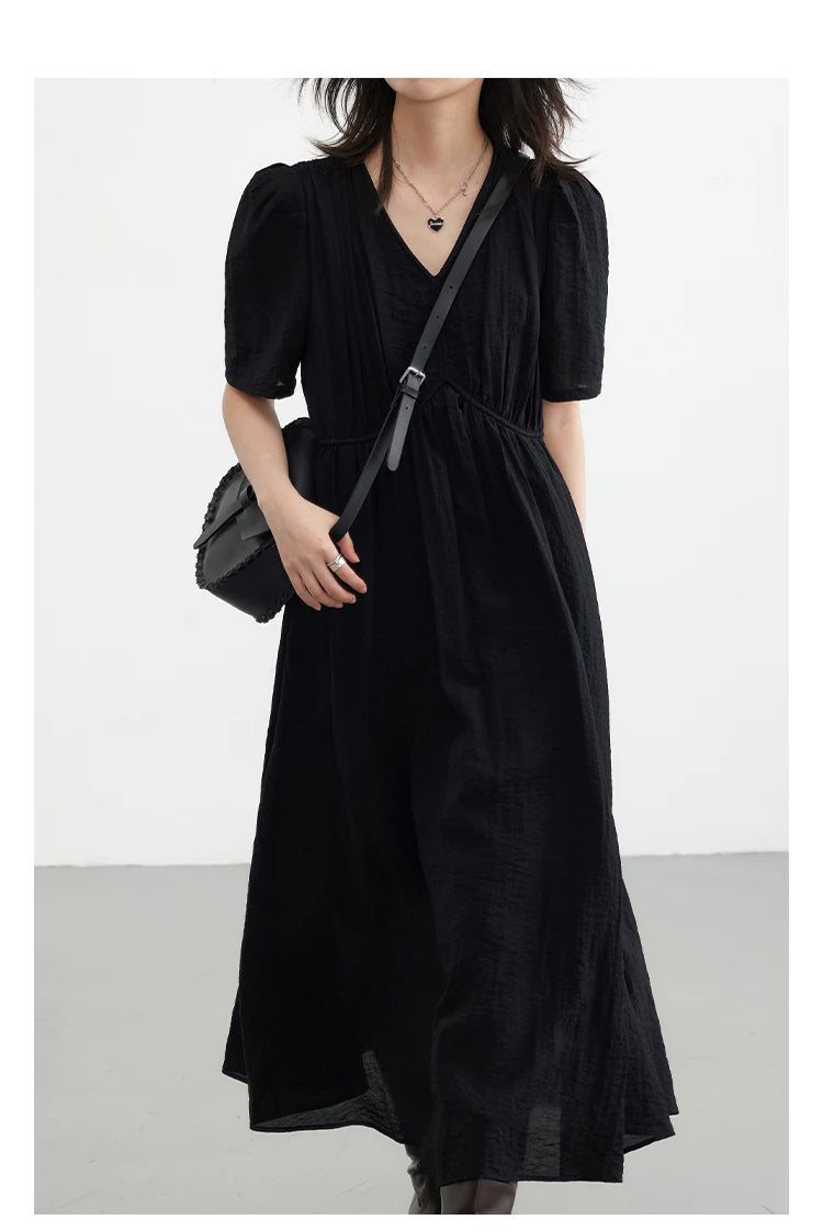 French Style Vintage V Neck Puff Sleeve Solid Black Loose Long Dress