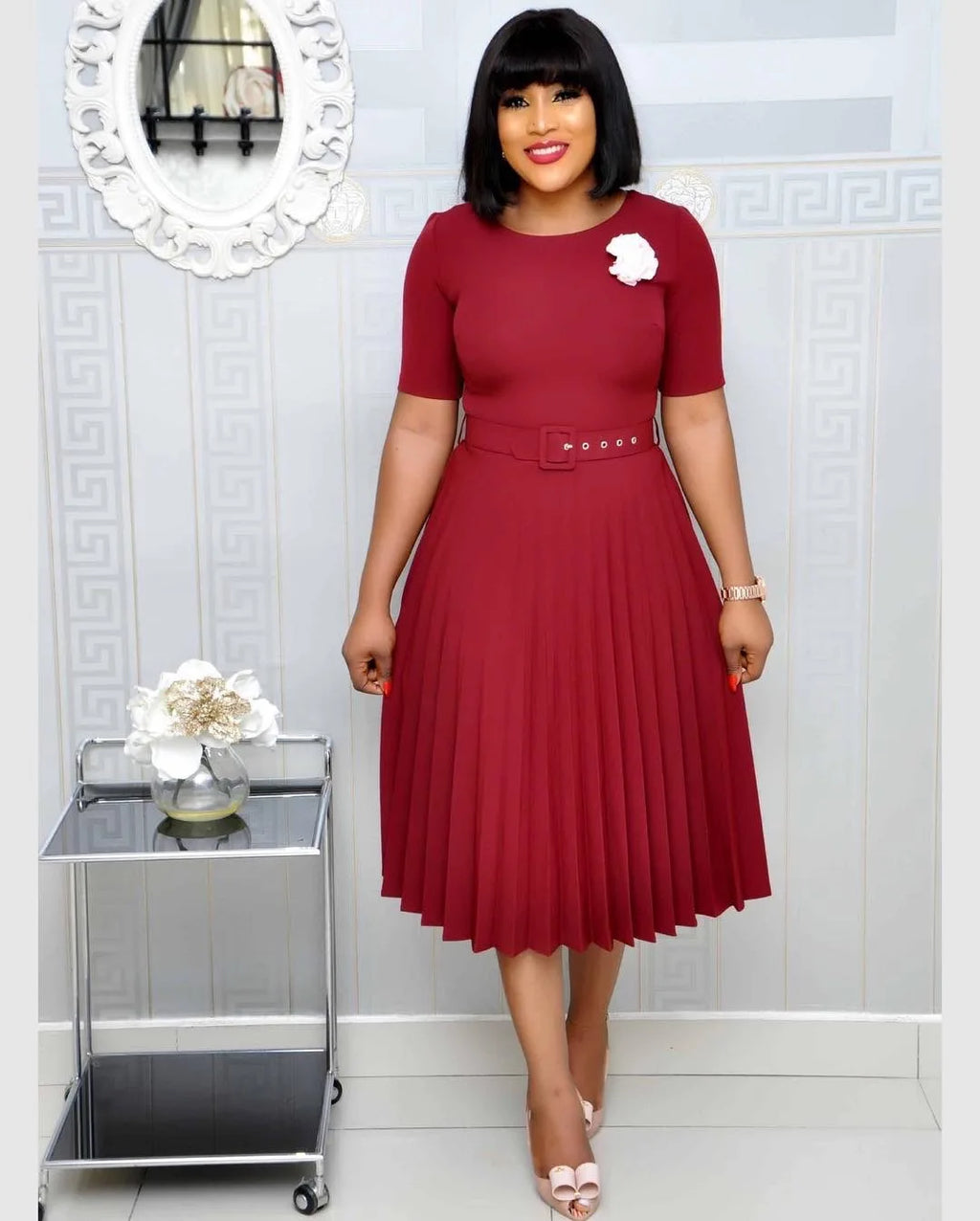 Cincinnati Plus Size Pleated Ladies O Neck Solid With Belt Mid-Calf Office Dress