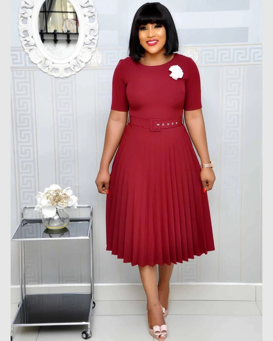 Cincinnati Plus Size Pleated Ladies O Neck Solid With Belt Mid-Calf Office Dress