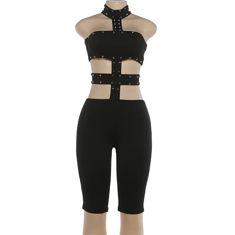 Sunset Park Dots Print Lace Up Halter Backless Skinny Knee Length Jumpsuits