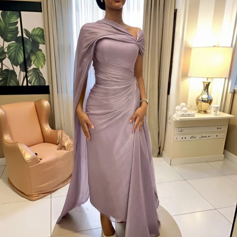 Mountainside Elegant One Shoulder Evening with Draped Cape Arabic Dress