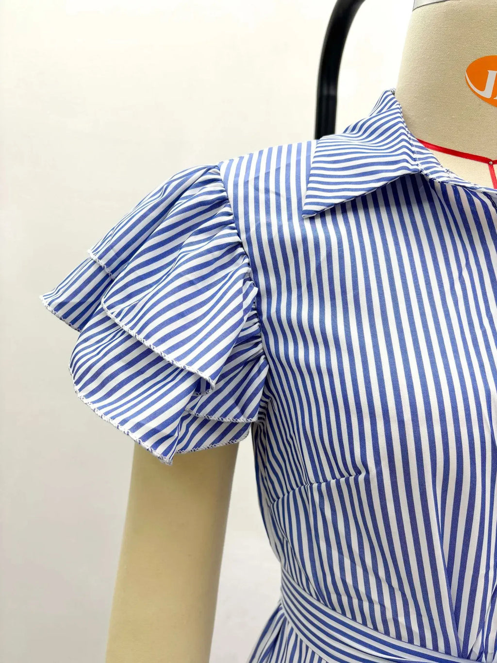 Rutherford Striped Butterfly Sleeve Loose High Waist Single Breasted Casual Long Dress