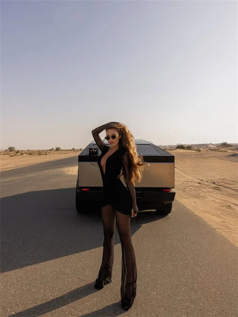 Milford Deep V Neck Long Sleeve Sexy Patchwork See Through Ruched Jumpsuits