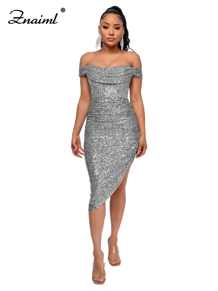Virginia One Shoulder Bodycon Sparkly High Slit Midi Dresses