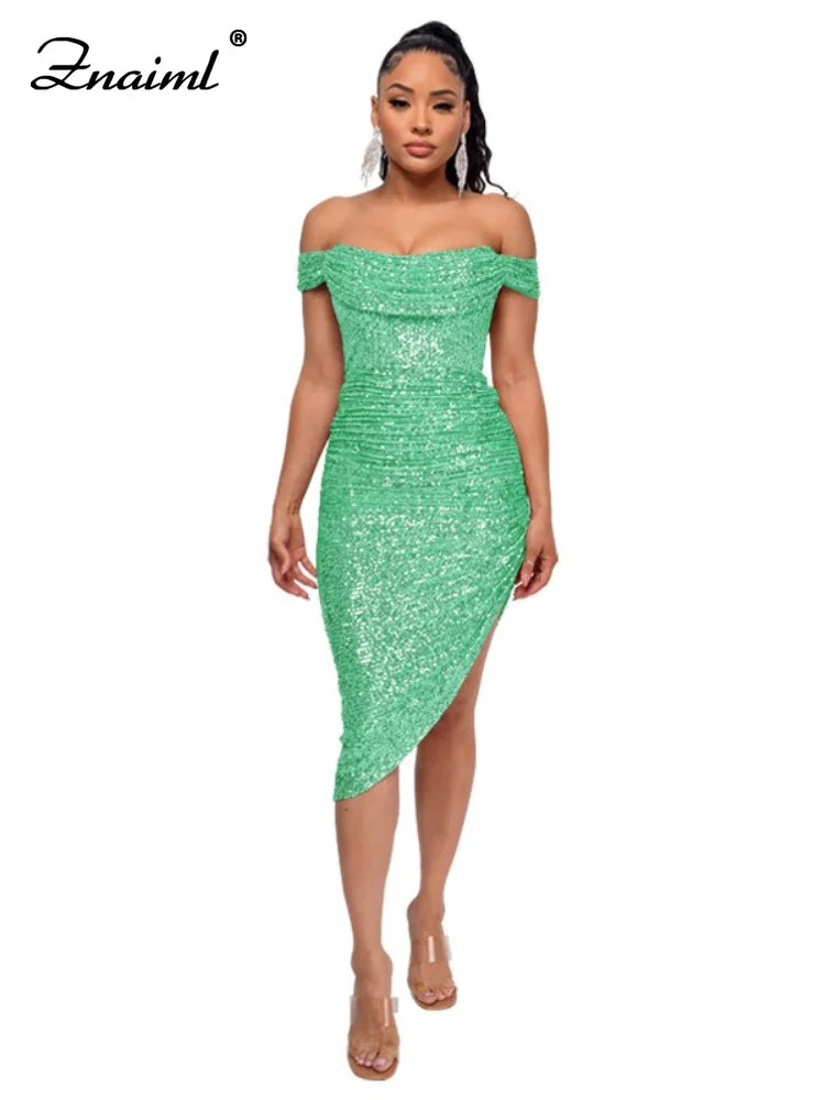 Virginia One Shoulder Bodycon Sparkly High Slit Midi Dresses