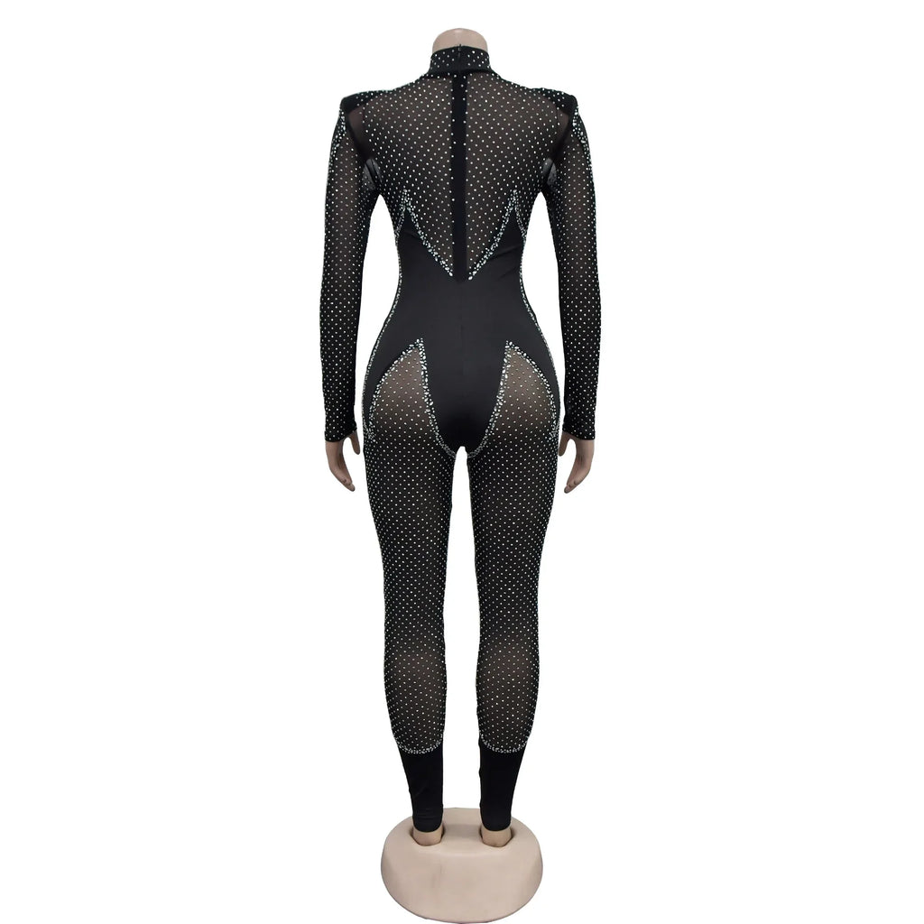 Upper West Sparkly Rhinestone Perform Costume Long Sleeve Sheer Mesh Jumpsuit