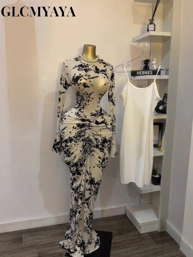 Peru Long Sleeve Stacked Mesh See Though with Lining Bodycon Long Dress