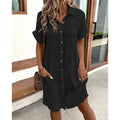 John Beach Solid Fashion V-neck Three Quater Sleeve Cotton Linen Dress