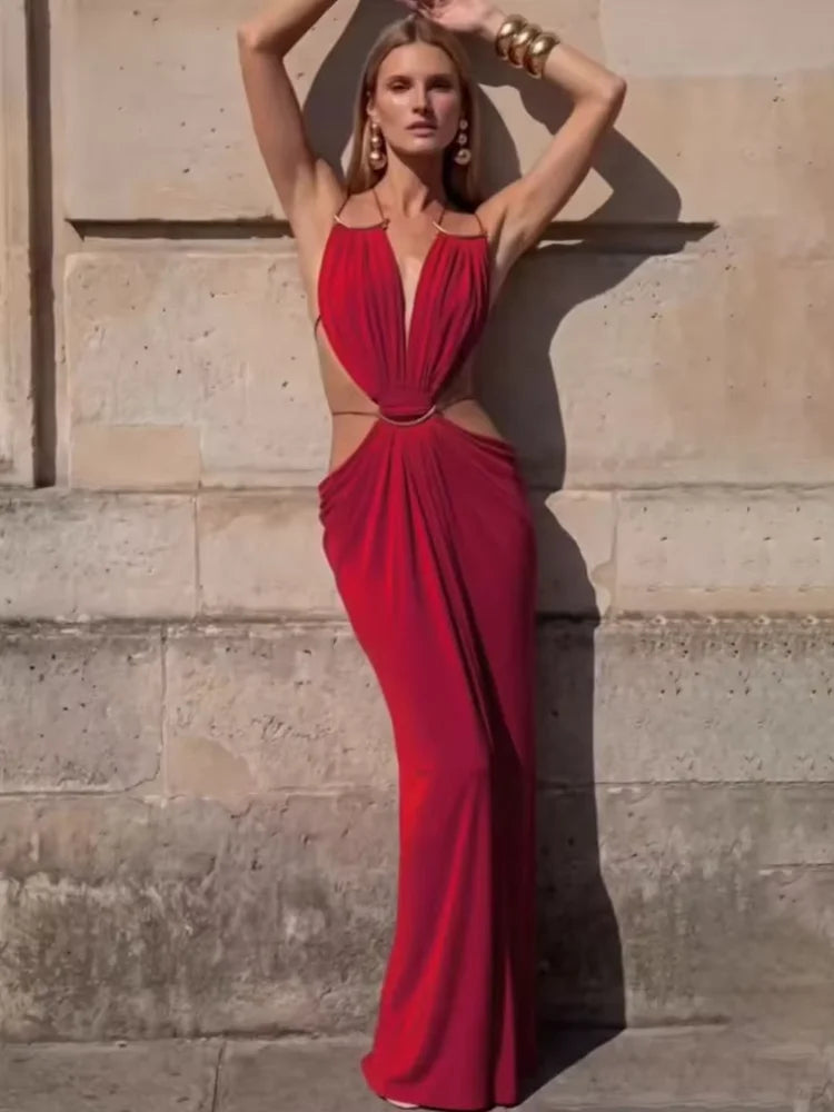 Solid Color Spaghetti Strap Sleeveless Sexy Deep V Cutout Waist Ruched Maxi Gown Dress