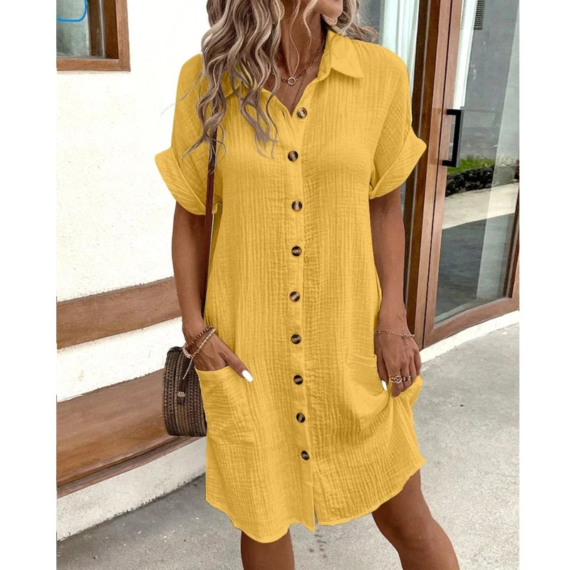John Beach Solid Fashion V-neck Three Quater Sleeve Cotton Linen Dress