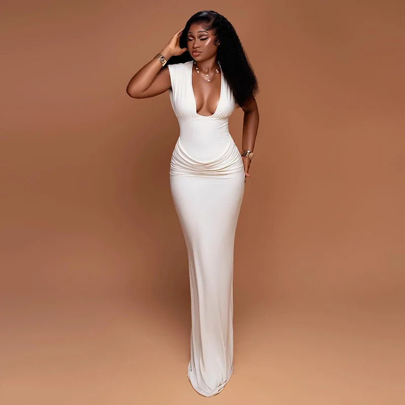Elmora Sexy Ruched Bodycon Solid Sleeveless V-Neck Slim Long Maxi Dresses