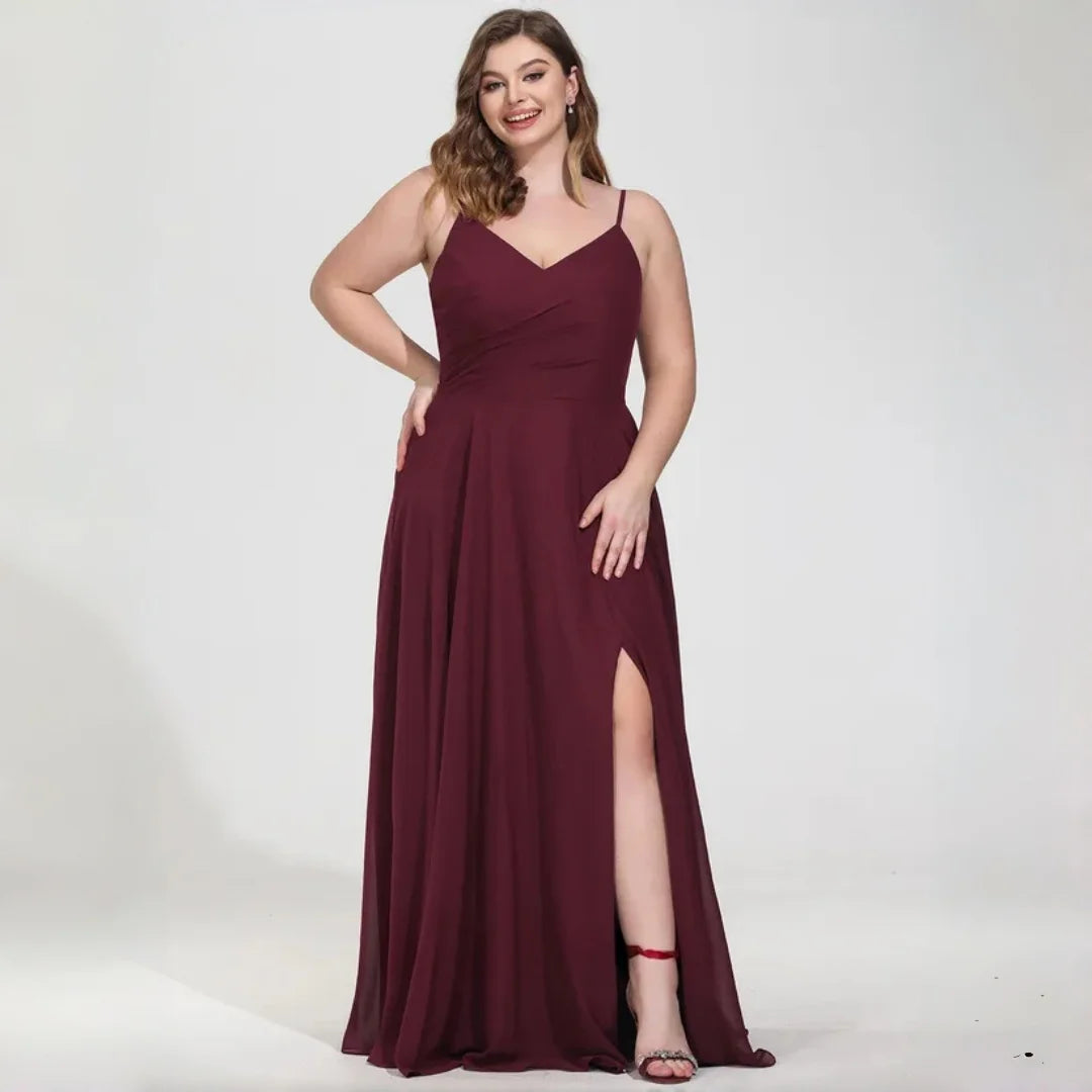 New York Plus Size Burgundy Chiffon Bridesmaid Spaghetti Strap Surplice V Neck Ruched Dress