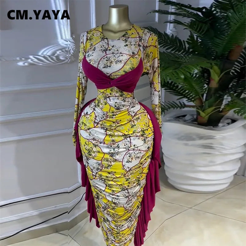Kukutan O-neck Long Sleeve Floral Print Ruched Ruffles Long Maxi Dress