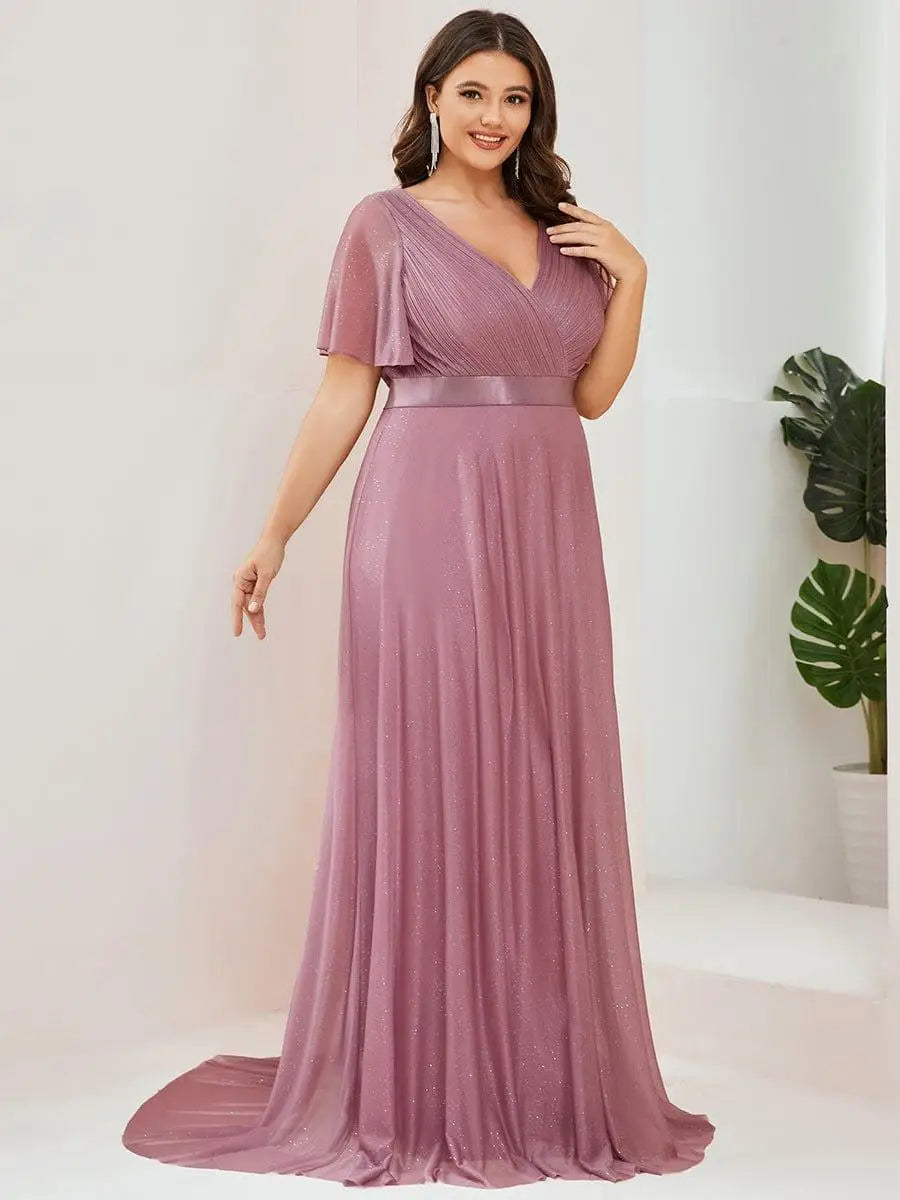 Gazcue Plus Size Chiffon Mother of the Bride Party Glitter V Neck A Line Dress