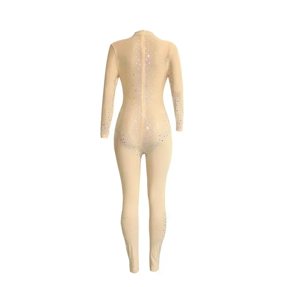 Union Square Fashion Sexy Mesh Perspective Hot Drill Long Sleeve Jumpsuit