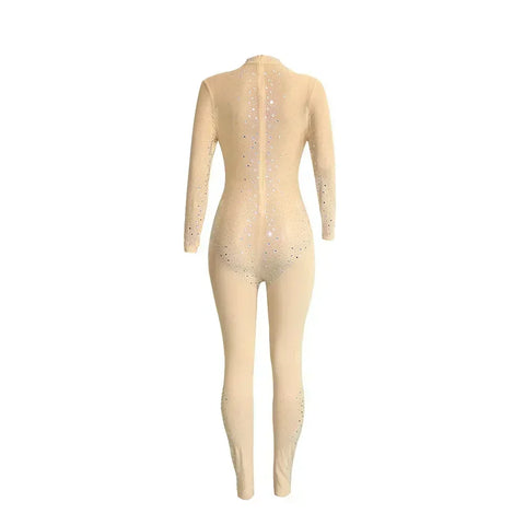 Union Square Fashion Sexy Mesh Perspective Hot Drill Long Sleeve Jumpsuit