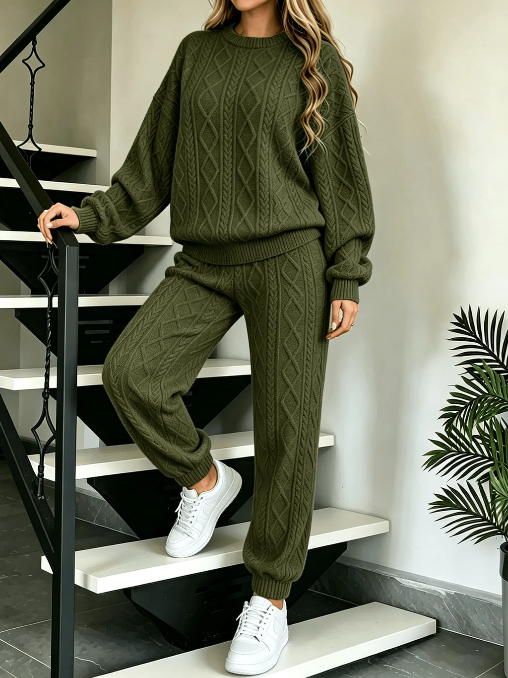 Wanda Cable Knit O‑Neck Long Sleeve Two Piece Sets