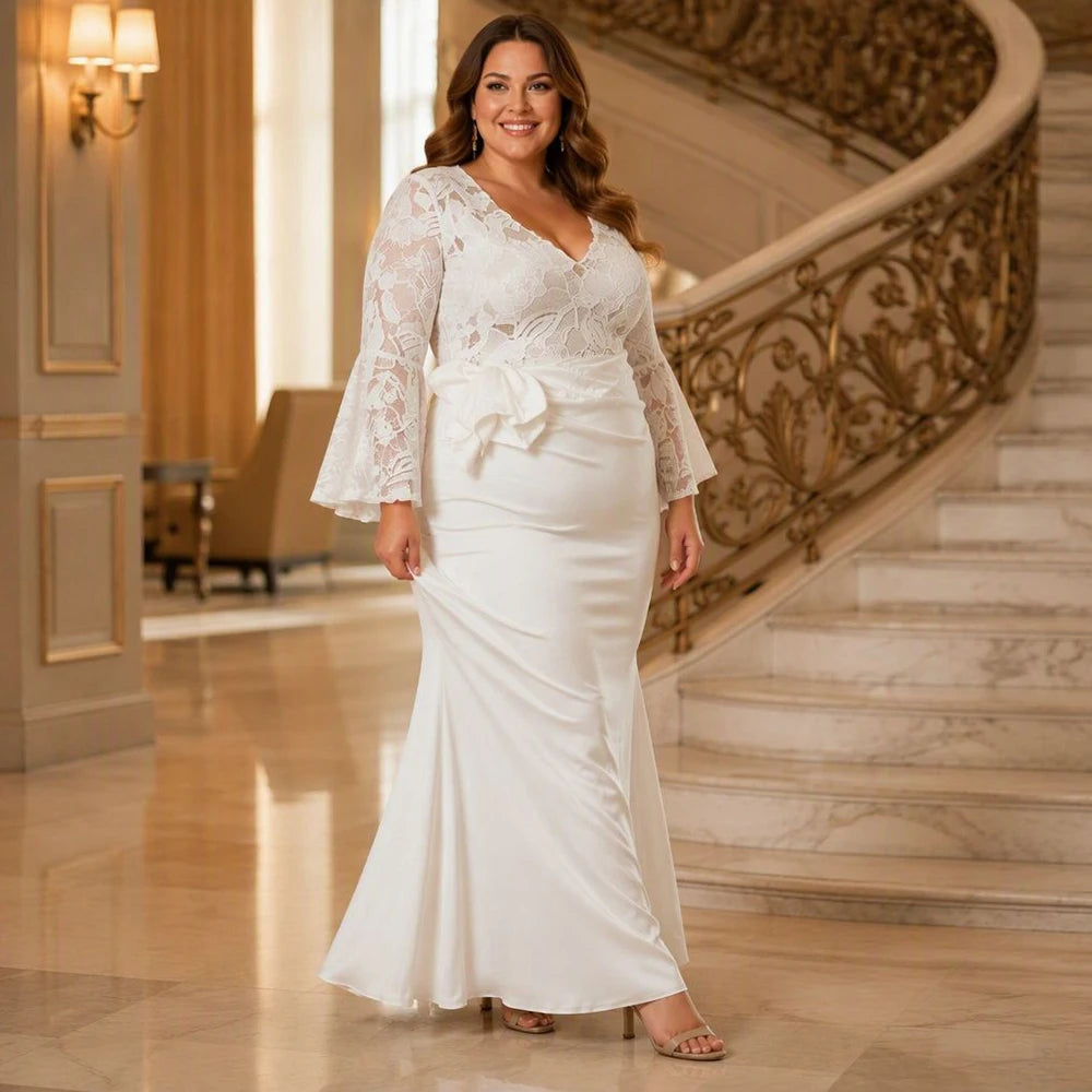 Plus Size Mermaid Sexy Mesh Sheer Embroidery V‑Neck Long Sleeve Slim Fit Maxi Dress