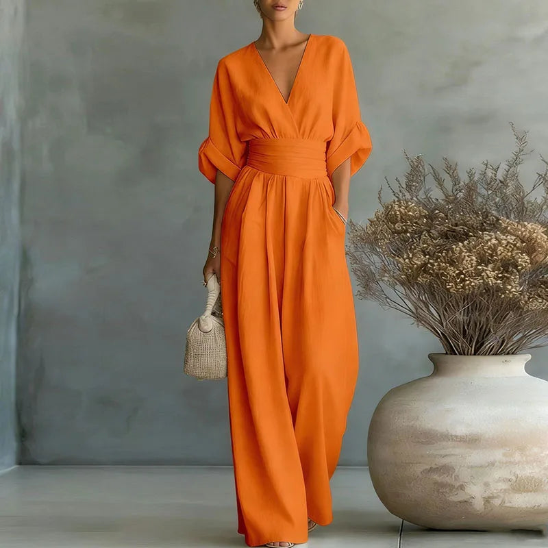 Women's Jumpsuit Fashion High Waist V-neck Casual Jumpsuits Sexy Solid Color Office Wide Leg Trousers Overalls Linen Chic