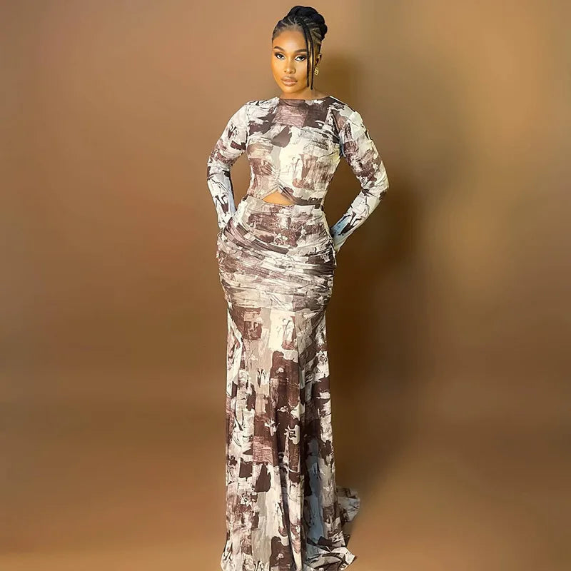 Quintana Roo Printed Ruched Long Sleeve Cutout Maxi Long Dress