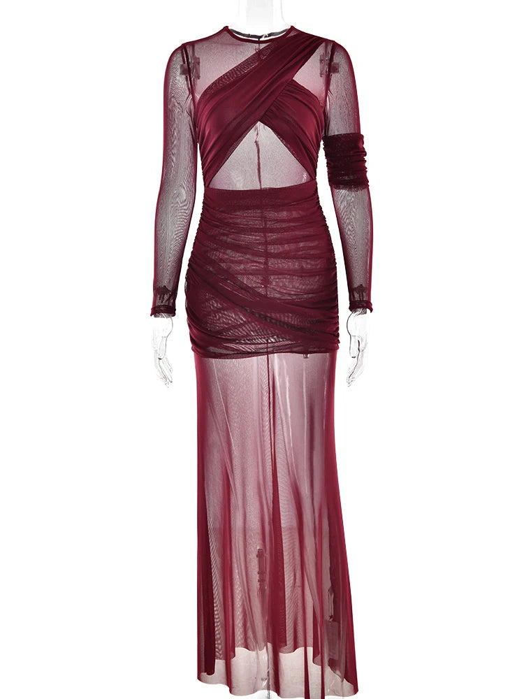 Kenilworth Mesh Patchwork Sheer Sexy Ruched Long Sleeve Bodycon Party Club Maxi Dress