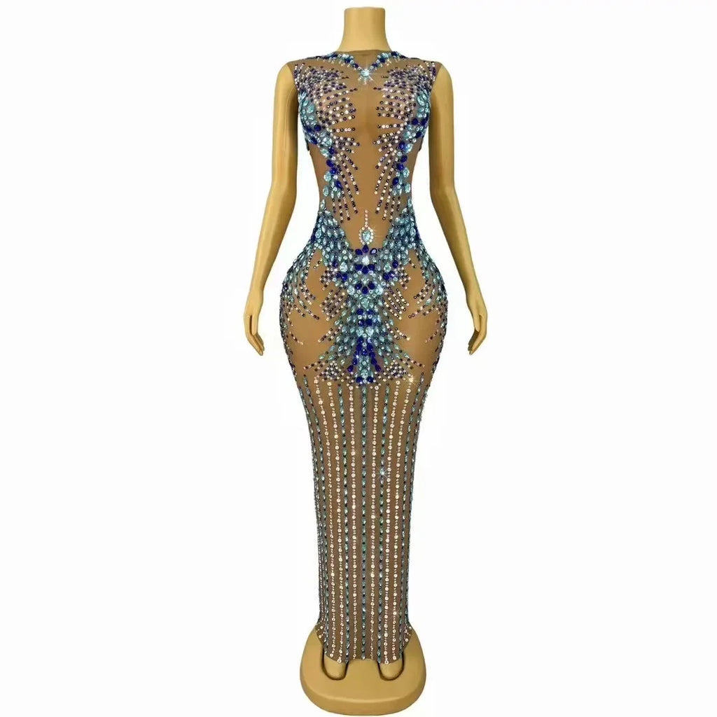 Ligonier Sparkly Rhinestones Nude Mesh Maxi Long Elegant Dress