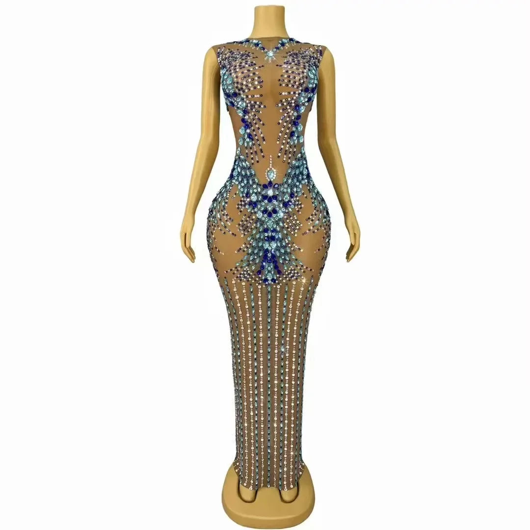 Ligonier Sparkly Rhinestones Nude Mesh Maxi Long Elegant Dress