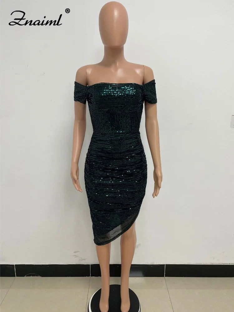 Virginia One Shoulder Bodycon Sparkly High Slit Midi Dresses