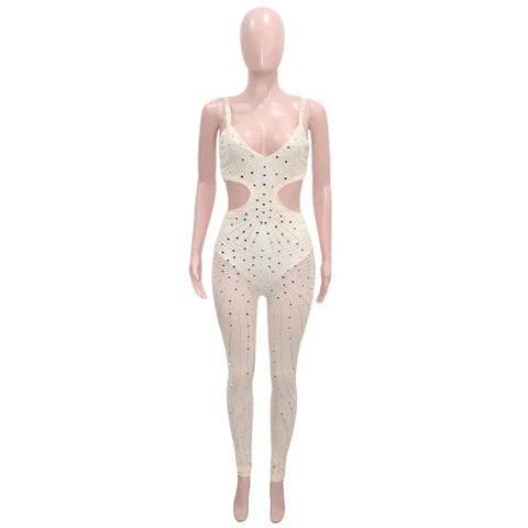 Gramercy Park Fashion Sexy Mesh Perspective Hot Drill Sleeveless Halter Jumpsuit