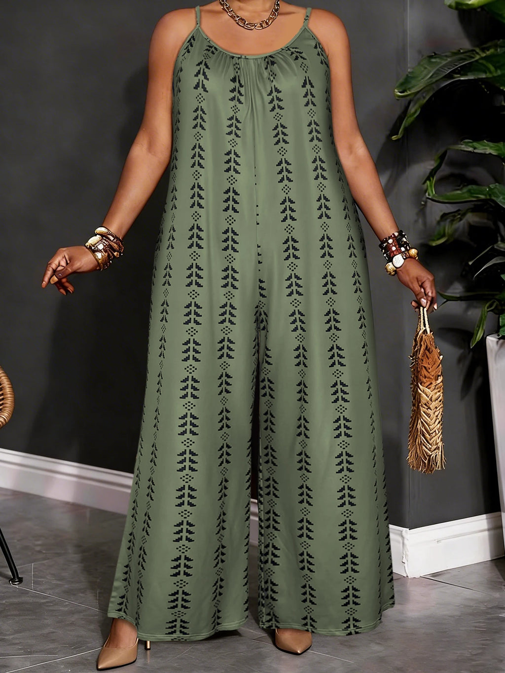 Plus Size Olive Green Geometric Print Spaghetti Jumpsuit, Summer Casual V Neck