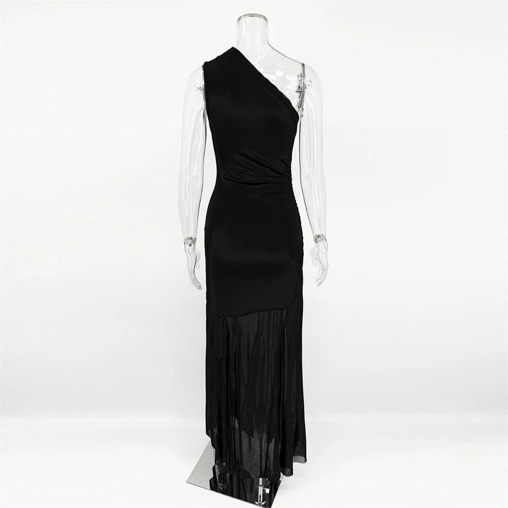 Helmetta Off Shoulder See Through Solid High Waist Patchwork Backless Slim Long Dress