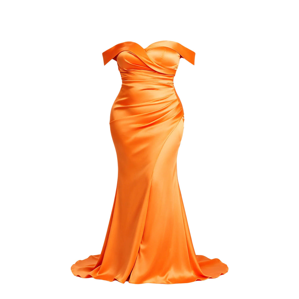 New Haven Plus Size Off Shoulder Ruched Satin Evening High Slit Formal Gown Dress