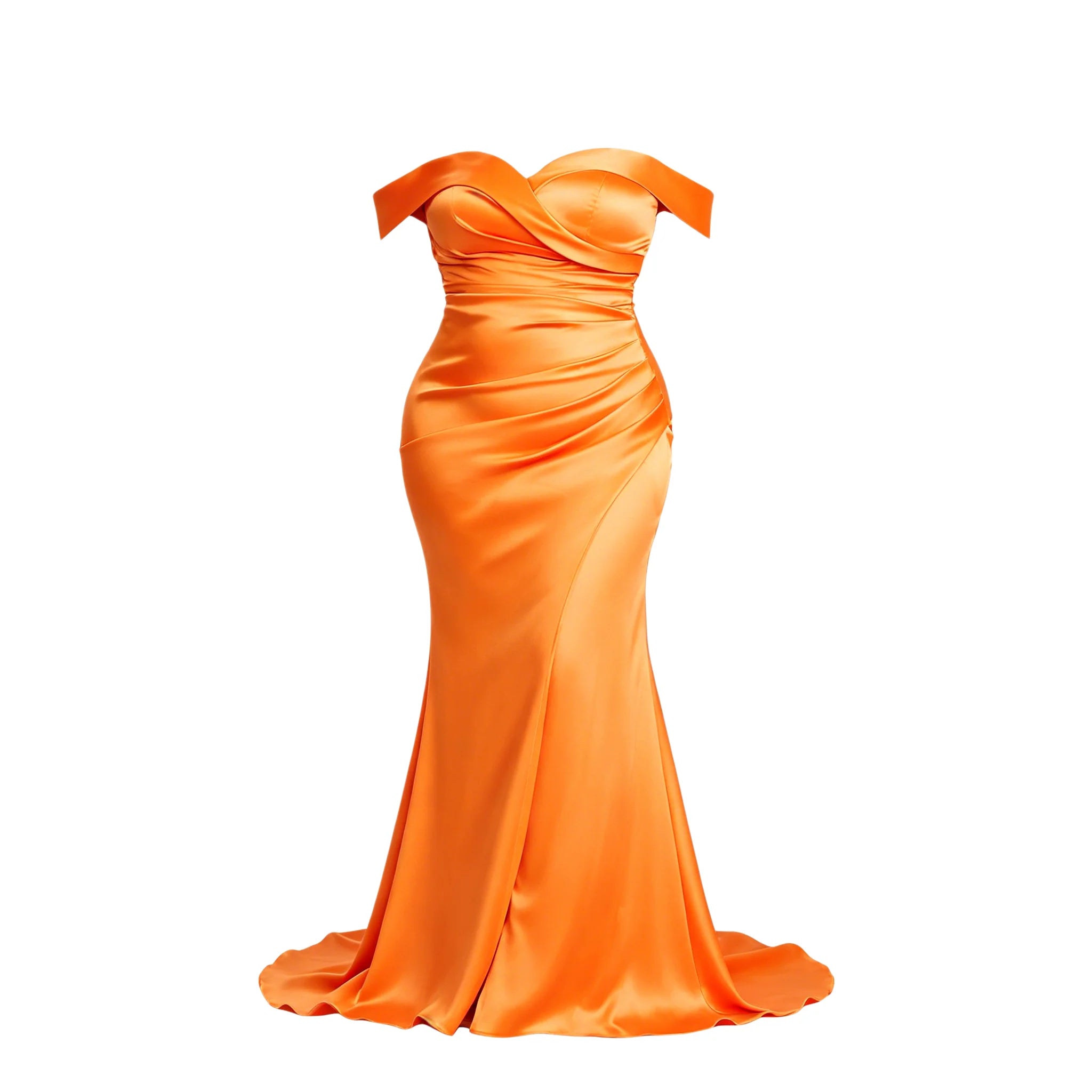 New Haven Plus Size Off Shoulder Ruched Satin Evening High Slit Formal Gown Dress