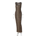 Bath Beach Elegant Square Collar Sleeveless Bodycon Split Leopard Print Long Party Dress