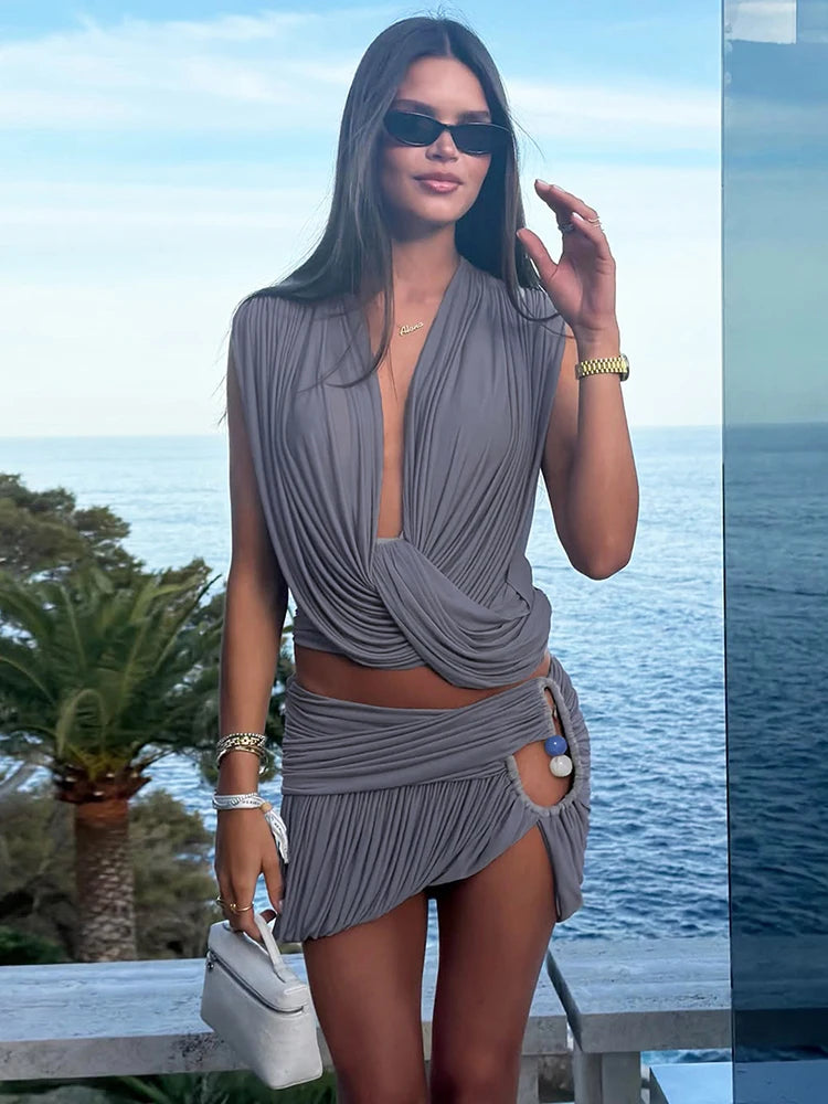 Bella Sexy Ruched Swing Collar Backless Two Piece Sets