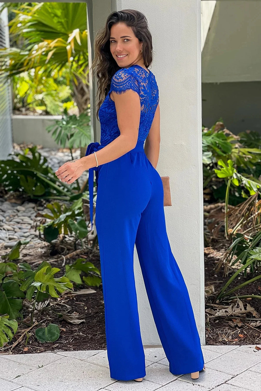 Jumpsuit Women Round Neck Lace Cap Sleeve Waist Tie Solid Wide Leg Elegant
