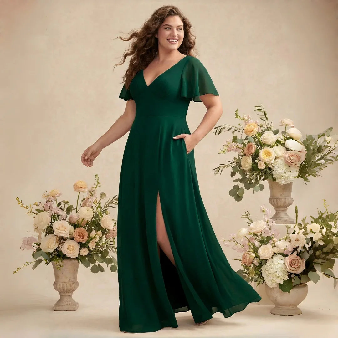 Irvington Green Plus Size Chiffon Bridesmaid Deep V Neck Flutter Sleeves Hidden Pockets Dress