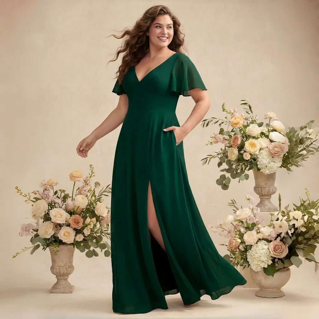 Irvington Green Plus Size Chiffon Bridesmaid Deep V Neck Flutter Sleeves Hidden Pockets Dress