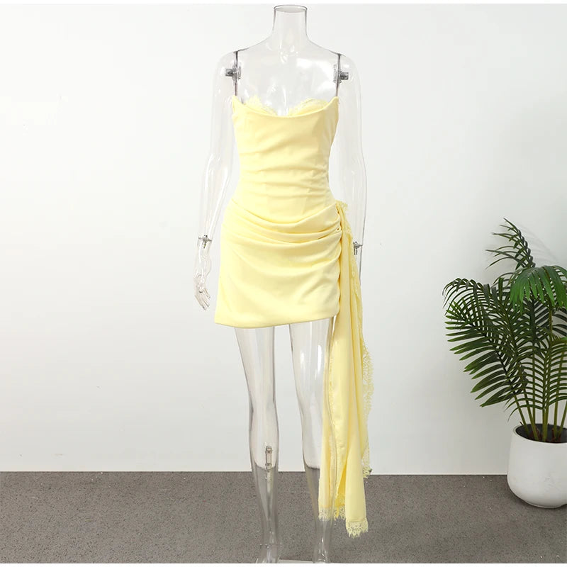Telaby Lace Trim Patchwork Strapless Ribbon Bodycon Dress