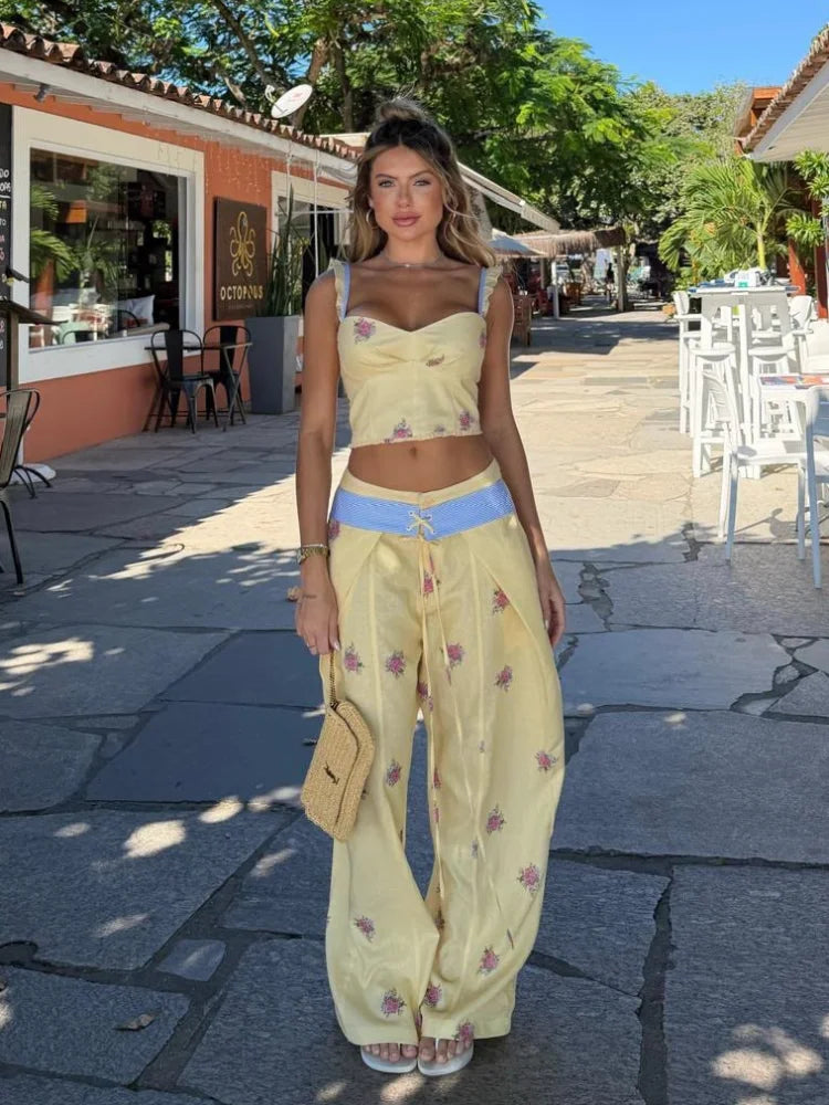 Hilda Floral Print Lace Up Wide Leg Two Piece Sets