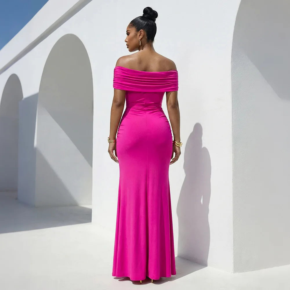 La Cuava Slash Neck Ribbon Elegant Sleeves Long Sexy Maxi Dress