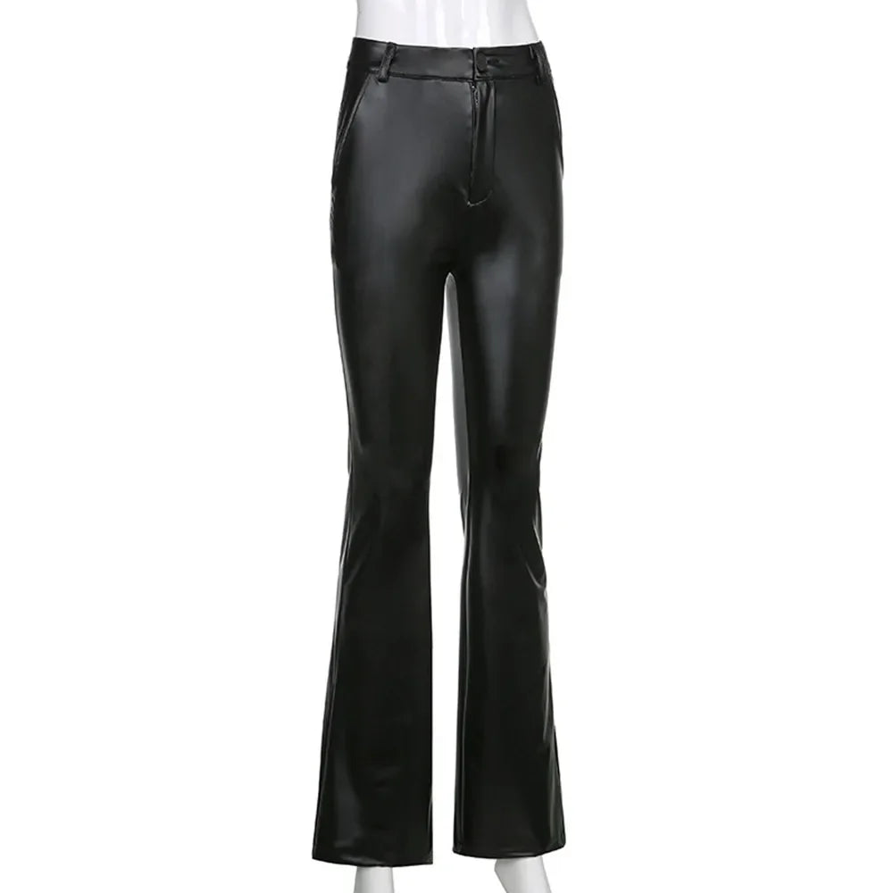 StanhopePU Flared Pants Y2k Button High Waisted Night Club Outfits Casual Trousers